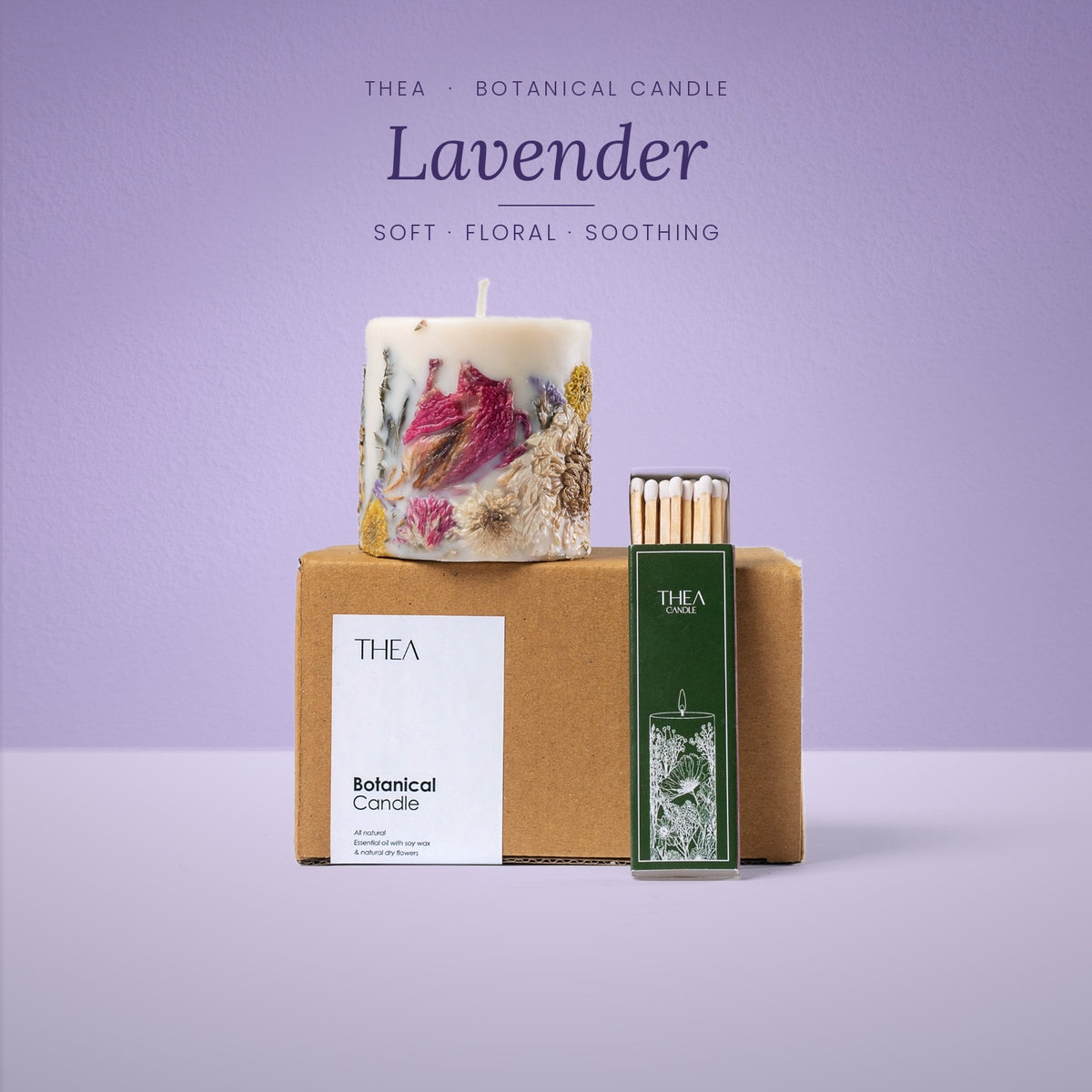 FLORA MINI Lavender botanical candle on a soft lilac background